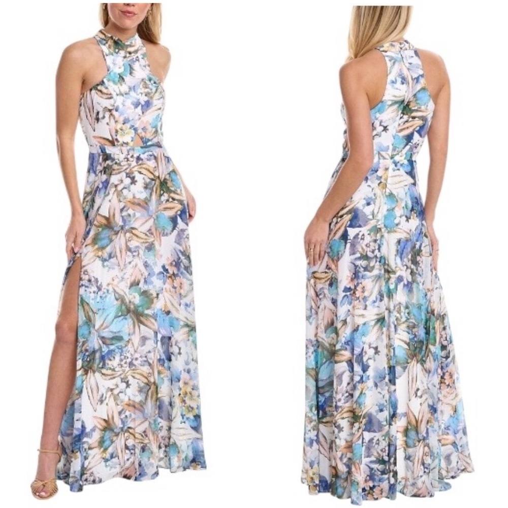 Liv Foster Women's Flowy White Floral-Print Cutout Halter Gown Maxi Dress Size 6